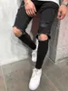 High Streetwear Men Knee with Holes Decor Black Jeans with Zipper Slim Fit Elasticity Skinny Ripped Pants Forward Men's Jeans221Z