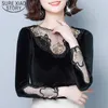 Mode Sexy Slim Automne Hiver Manches longues Mesh Femmes Blouses Floral Solid Black Hollow Dames Tops Plus Taille 7692 50 210510