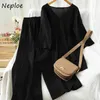 Neploe Sweet Suit V-neck Solid Color Split Knitted Pullovers + Straight Stretch Waist Wide Leg Pants 2 Piece Set Women 210423