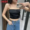 Tangada Kvinnor Sexig Solid Camis Crop Top Spaghetti Strap Ärmlös Baklösa Korta Blusar Skjortor Kvinna Casual Toppar 4n18 210609