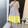 Koreansk sommar elegant semester stil liten färsk o-nacke polka dot kontrast stygn lös puff ärm klänning kvinnor 16w828 210510