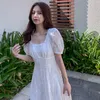 Lato Francuski Vintage White Dress Kobiety Szyfonowa Kwadratowa Kołnierz Elegancki Haft Wróżki Koronki Sukienka Koreański 210521