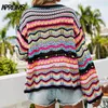 Aproms Multi Color Blocked Knitted Pullover Women Summer Casual Flare Sleeve Hollow Out Sweater Cool Girls Fashion Jumper 211215