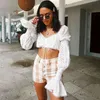 Vintage embriodery white tops and blouse summer flare sleeve crop women sexy ruched beach hollow out cotton shirts 210427