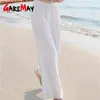 Damskie spodnie lniane wysokiej talii harem luźne miękkie elastyczne talii białe lato dla kobiet spodnie 210428