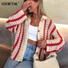 Tricoté évider femmes Shorts ensembles à manches longues Cardigan pour femmes et rayure rouge lâche Y2K automne pull décontracté 220315