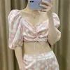 Elegant Women Square Collar Satin Shirts Fashion Ladies Pink Drawstring Short Tops Sweet Female Chic Polka Dot Blouses 210427