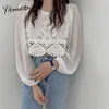 YITIMUCENGブラウス女性フックフラワー中空シャツ長袖ホワイトアプリコット服夏韓国ファッションシフォントップ210601