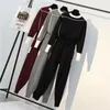 Winter Women Knitted 2 Piece Set Long Sleeve O Neck Sportwear Pullover Sweater And Pocket Pant Suit 2 PCS Outfits Plus Size 210522