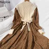 Neploe Patchwork tricoté robes pour femmes tempérament velours côtelé Floral robes à lacets Robe coréenne Robe femme 210422