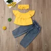 Yenidoğan Toddler Bebek Kız Yaz Giysileri Set Floarl Baskı Kapalı Omuz Tops + Katı Etek Elbise Kıyafetler