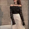 Novas Chegadas Senhoras Moda Sexy Lacebowework Slash Neck Strapless Sling Chic Pullover Blusa Slim Camisa Mulheres Lace Long Mangas Top 210317