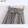 Zevity Women Vintage Plaid Print Sommarpapper Bag Kjolar Shorts Kvinna Chic Bow Bundet Sashes Pantalone Cortos P1132 210603