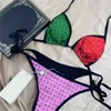 Zarif Yeşil Kırmızı Mayo Klasik Mektup Moda Mayo Yaz Seksi Bikini Set Seyahat Plaj Mayo İki Parçalı Mayolar