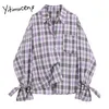 Yitimuceng roxo xadrez blusa camisas camisas manga comprida plus size roupas de escritório senhora selo estilo solto colarinho streetwear 210601