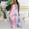 Moda Tie Dye Print Tute da donna Estate senza maniche Backless Gamba larga Pantaloni lunghi Casual Tute femminili Sexy Party Club 210515