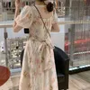 Vintage Dres Puff Sleeve O-hals Franse stijl mode vrouwelijke kleding elegante kant Koreaanse zomer 210604
