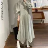 Coréen Chic rayé revers simple boutonnage taille haute manches longues robe plissée irrégulière pour les femmes printemps ZT1082 210427
