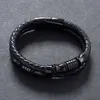 Men's Jewelry Black Stainless Steel Clasp Wristband Fashion Bangle Punk Woven Leather Cord Bracelet Q0719