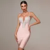 Moda feminina de verão Sexy bandage vestido azul branco rosa cor-de-rosa preto espaguete v-pescoço festa de borla natal 210608