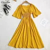 Summer Arrival Women Casual Flare Sleeve Square Collar Long Dress Solid High Waist A-line Slim Dresses 210512