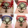 Kvinnor Titta Mixed Style Vintage Weave Wrap Around Charm Bead Läder Armband Leaf Butterfly Häst Eiffel Tower Heart Wings Owl Quartz Klockor