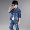 Fashion Teenage Boys Denim Clothes Set Autumn Children Jeans Coat and Pants Baby Cotton Sport Suits 10 12 Years 210622