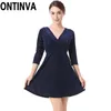 3/4 Sleeve Sexy V Neck Velvet Line Swing Dress Vintage Plus Size Damska Elegancka Mini Długość Fall and Winter Welor Dresses 210527