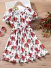 Girls Allover Floral Print Puff Sleeve Dress SHE01