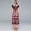 Vintage elegante moda floral fresa bordado vestido de malla hembra mujeres alta cintura delgada volantes tulle fiesta largo 210519