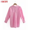 Tangada femmes basique rose coton chemises à manches longues solide col rabattu élégant bureau dames vêtements de travail Blouses XN320 210609