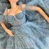 Boom Blue Long Prom Dresses Sweetheart Crumpled Tule Ruffles Avondjurken Off Shoulder Tiered A-Line Party Jurken Bow Belt 210719