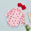 0-2T Newborn Baby Knit Love Heart Romper Lantern Long Sleeve Red Headband 2pcs Infant Girls Valentines Outfits G1221