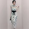 Womens Polka Dot Sleeveless Elegant Dress Office Lady Evening Party Bodycon Lace-Up Sheath Pencil Dresses Work Vestidos 210520