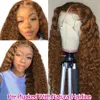 Kinky Curly 360 Lace frontale Braziliaanse pruiken voor zwarte vrouwen Bruine Deep Wave Synthetische pruik met babyhaar gebogen knopen253u34612005513091