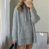 Streetwear Dames Grijze Losse Knit Hoodies Mode Dames Zakgebreide Tops Causale Vrouwelijke Chic Oversize Pullovers 210430