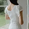 Solide blanc bureau dame robe ajustée femmes été col en v profond à manches courtes moulante élégant crayon robes vestido 210529