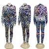 Kvinnor Två Piece Sets Outfits Retro Tryck Striped Långärmad Toppskjorta Elastisk Midja Penna Byxor Sweatsit Set Dresy Damskie 210520
