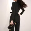 Corée combinaison pour les femmes à rayures noires à larges jambes crantées à manches longues sexy dames pantalons de bureau 210602