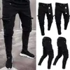 Fashion Black Jean Men Denim Skinny Biker Jeans Destroyed Frayed Slim Fit Pocket Cargo Pencil Pants Plus Size S-3XL