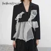 Patchwork Mesh Ruffle Blazer For Women Notched Long Sleeve Hit Color Casual Blazers Female Fashion Clothing 210524