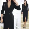 Casual Sukienki Koreański Sukienka robocza Kobiety Wiosna Jesień Eleganckie Ladies Notched Collar Single-Breasted High Slit Black Office Długi rękaw