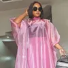 Dress for Women Plus Size Puff Sleeve See Through Pink Maxi Long Dresses Casual Loose Summer Fashion Party Robes Drop 210527