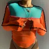 Isarose Seksi Mesh Tops Yumuşak Nefes See-throom Kısa T-shirt Uzun Kollu O Boyun Turuncu Patchwork Kırpma Üst Hızlı Kargo 210422