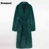 Nerazzurri Winter Long Green Warm Soft Loose Fluffy Faux Fur Coat Women Belt Lapel Elegant Luxury Designer Korean Fashion 211129