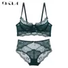 Deep V Sexy Sous-vêtements Ultrathin Soutien-gorge Ensemble Plus Taille Brassière Vert Femmes Lingerie Ensemble Dentelle Broderie Transparent Soutien-Gorge Ensemble 211104