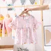 2021 New Style Flower Printed Small Children Dress Flounced Princess Children Clothing 2pcs Sets Baby Girl Dress+sunhat summer Q0716