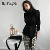 Jesień Zima Turtleneck Sashes Split Casual Koreański Chic Dzianiny Sweter Kobiety Jumper Pullover Panie Czarne Różowe Topy 210506