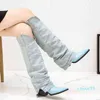 Stiefel Jean Stiefel Damen Kniehohe Pu-Leder Damenschuhe Spitzschuh Mode Absatz Frau Sexy Denim Lang