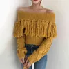 Suéter de mujer Jerseys de punto Borla Manga larga Cuello oblicuo Amarillo Beige Gris M0387 210514